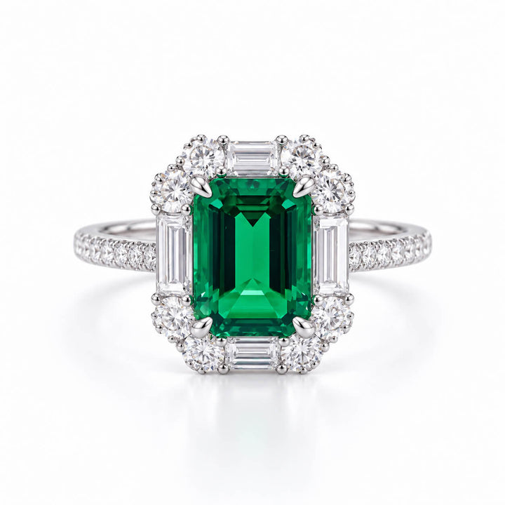 Halo setting lab grown emerald engagement ring