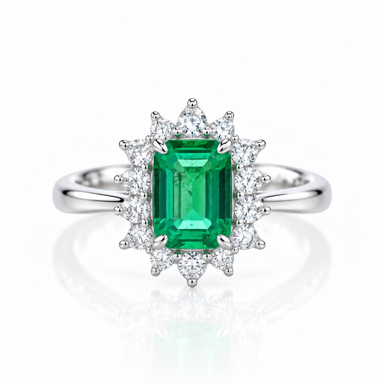 Halo setting lab grown emerald engagement ring