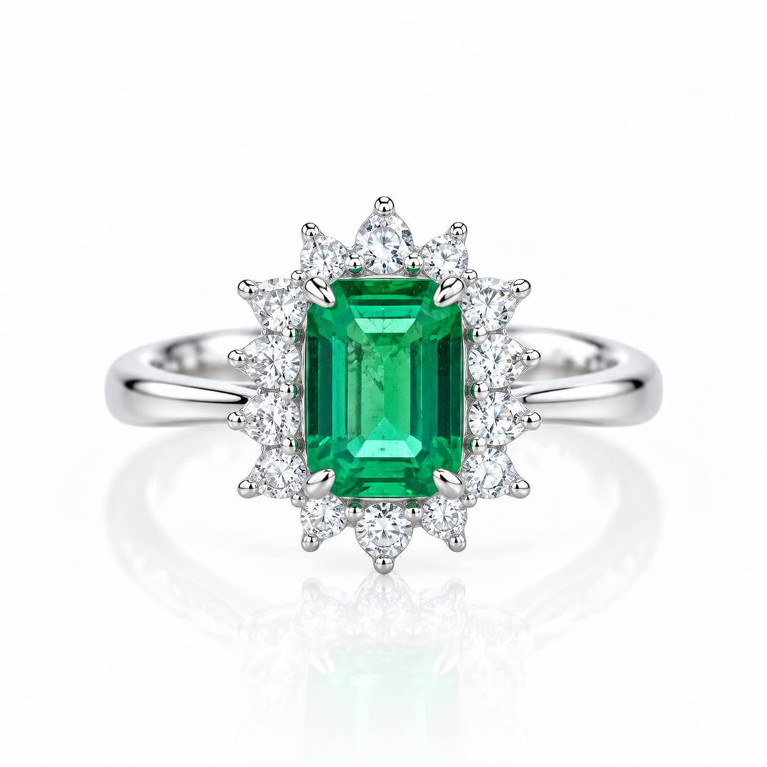 Halo setting lab grown emerald engagement ring
