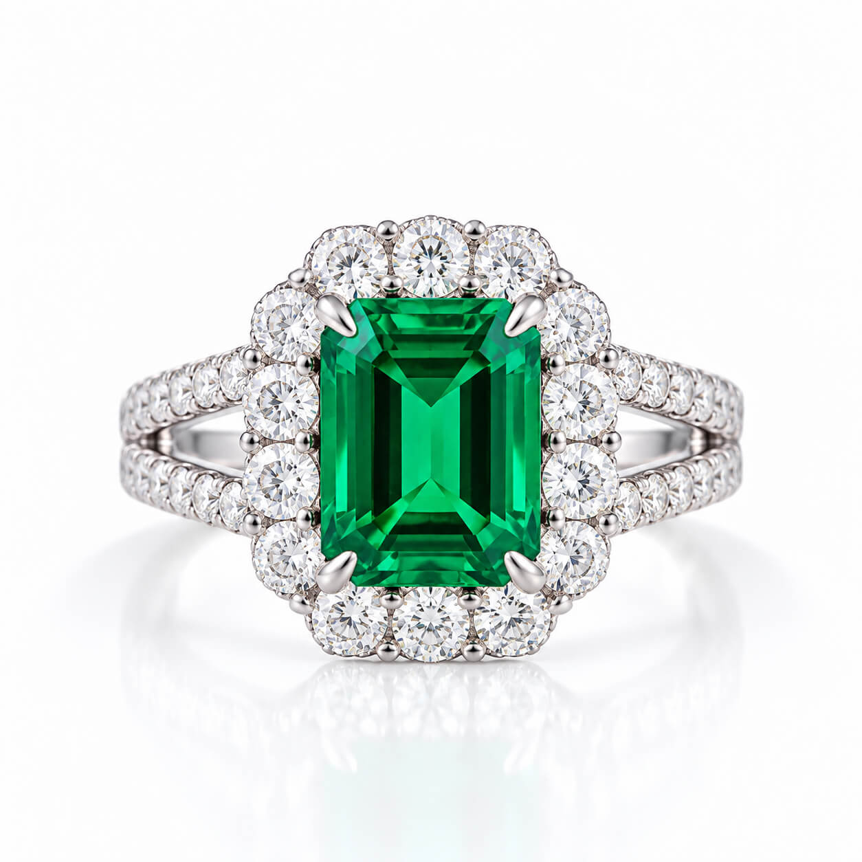 Halo setting lab grown emerald engagement ring