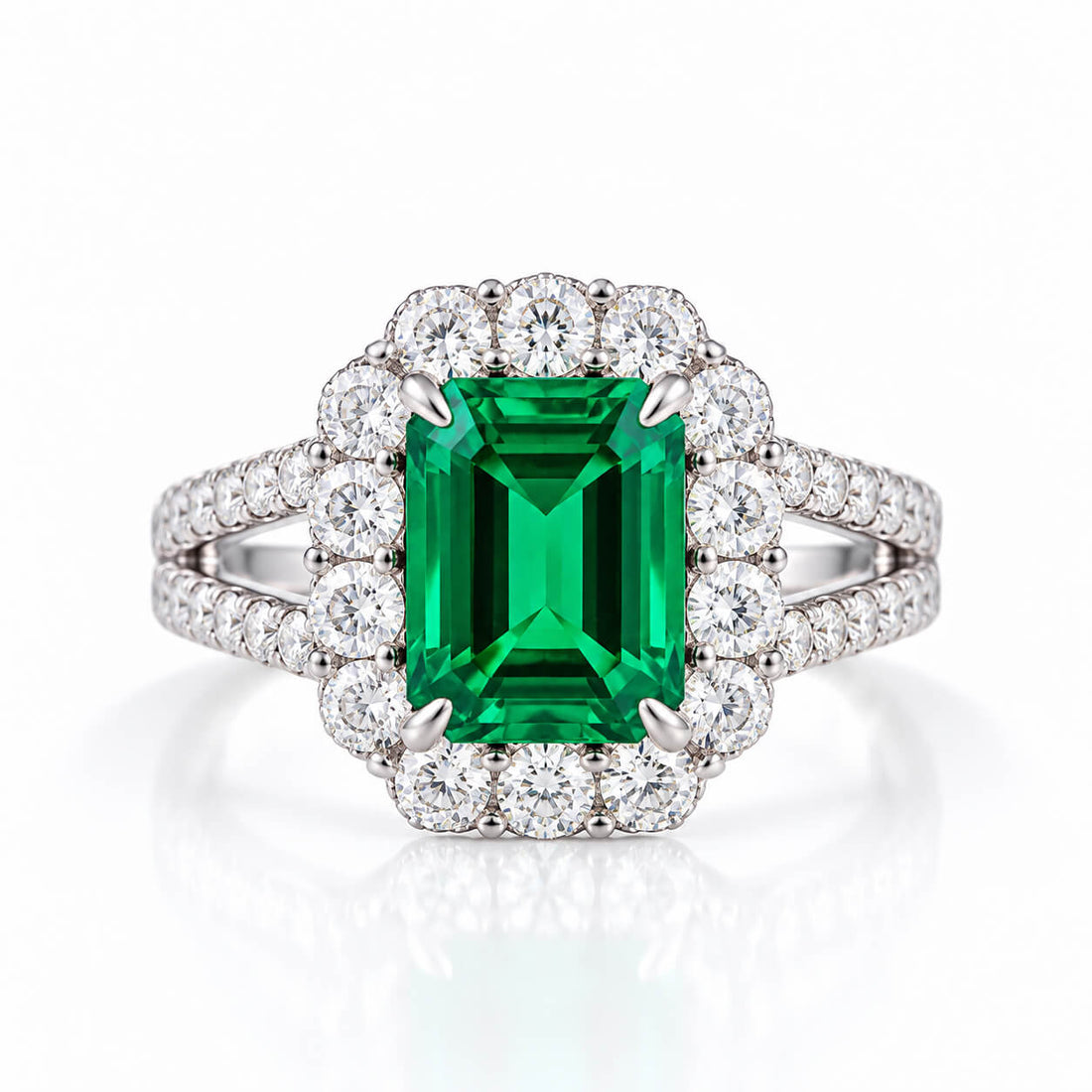 Halo setting lab grown emerald engagement ring