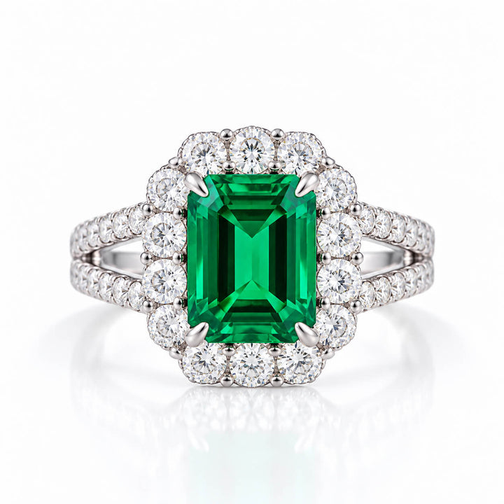 Halo setting lab grown emerald engagement ring
