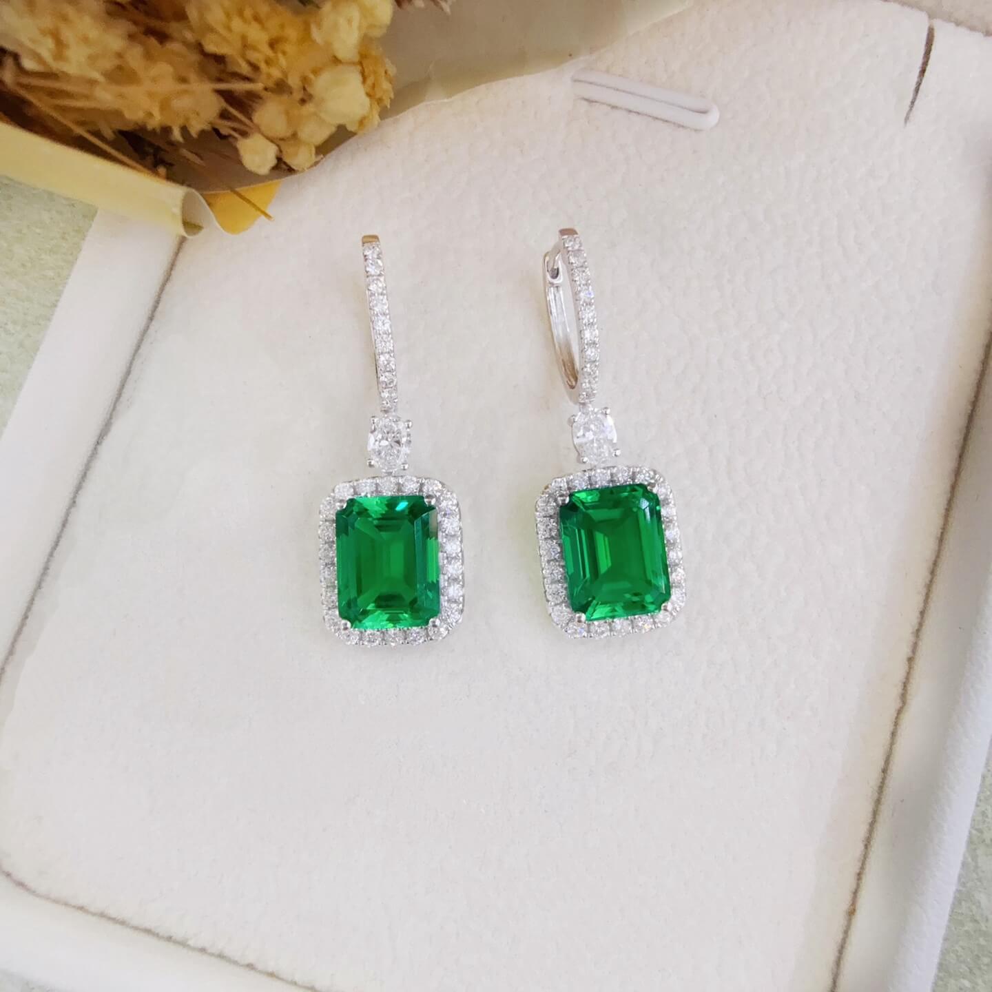 Halo setting lab grown emerald hoop earrings