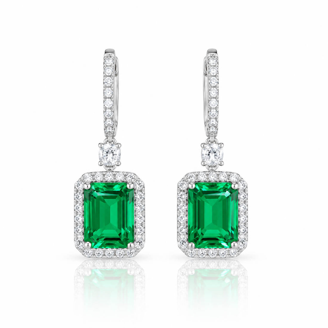 Halo setting lab grown emerald hoop earrings