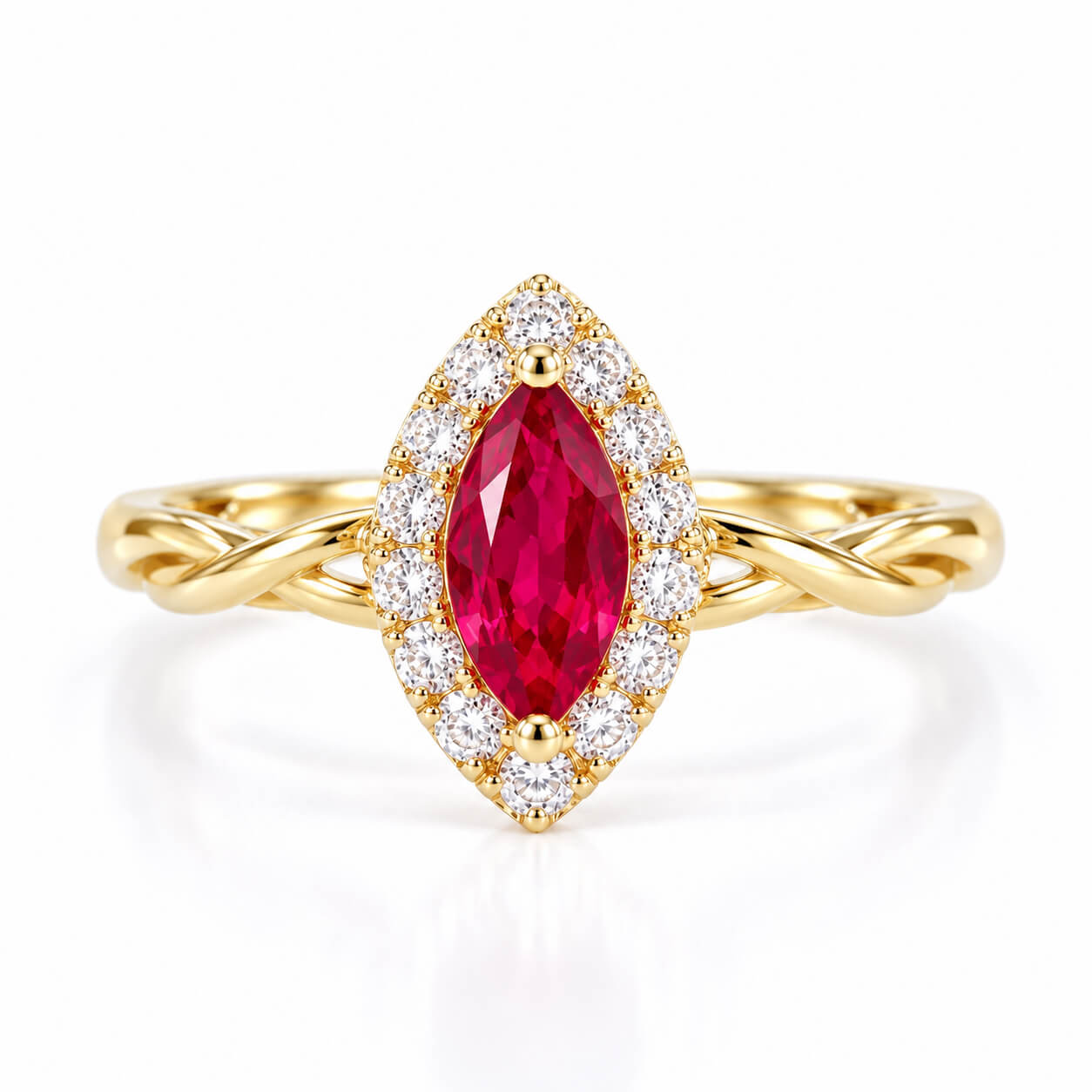Halo setting marquise cut lab grown ruby engagement ring
