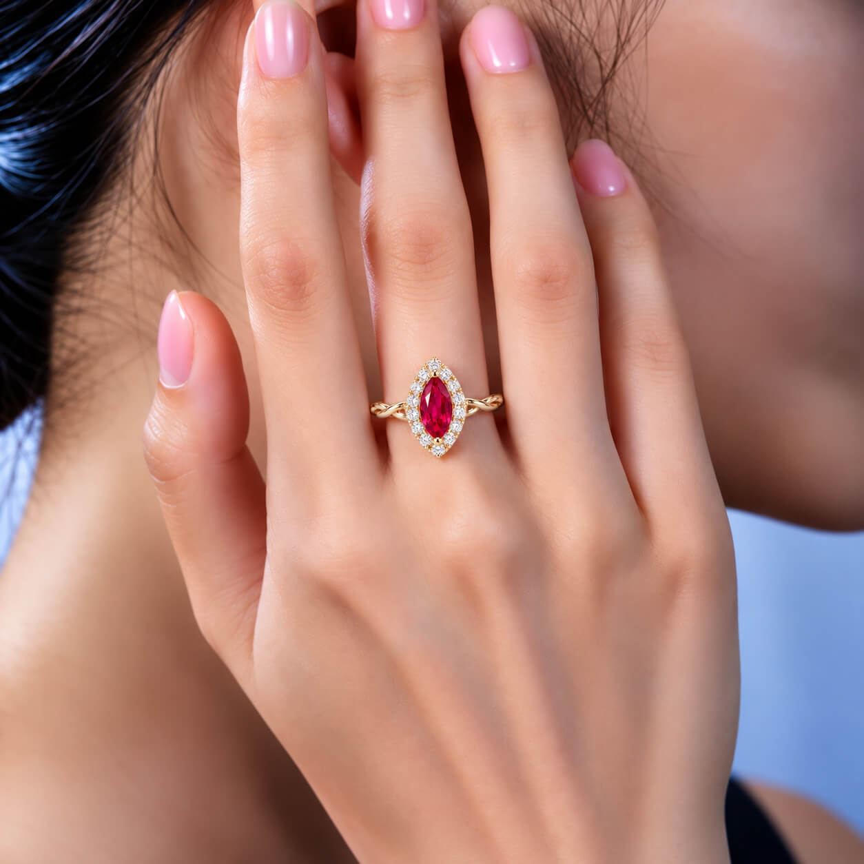 Halo setting marquise cut lab grown ruby engagement ring