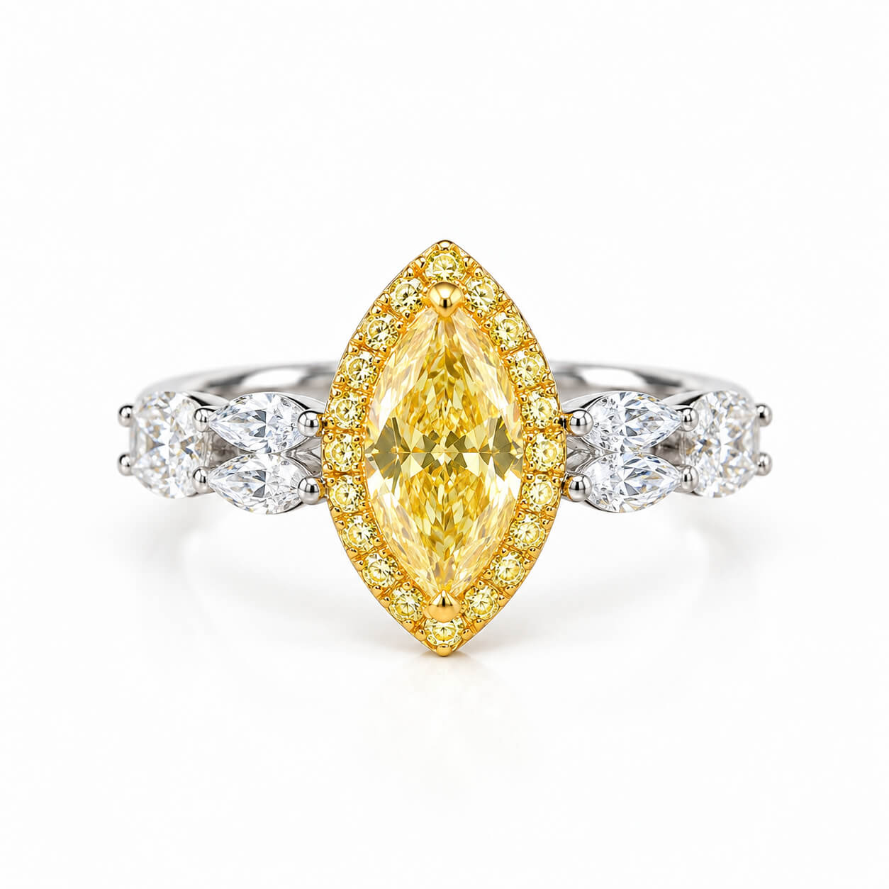 Halo setting marquise cut lab grown yellow diamond engagement ring
