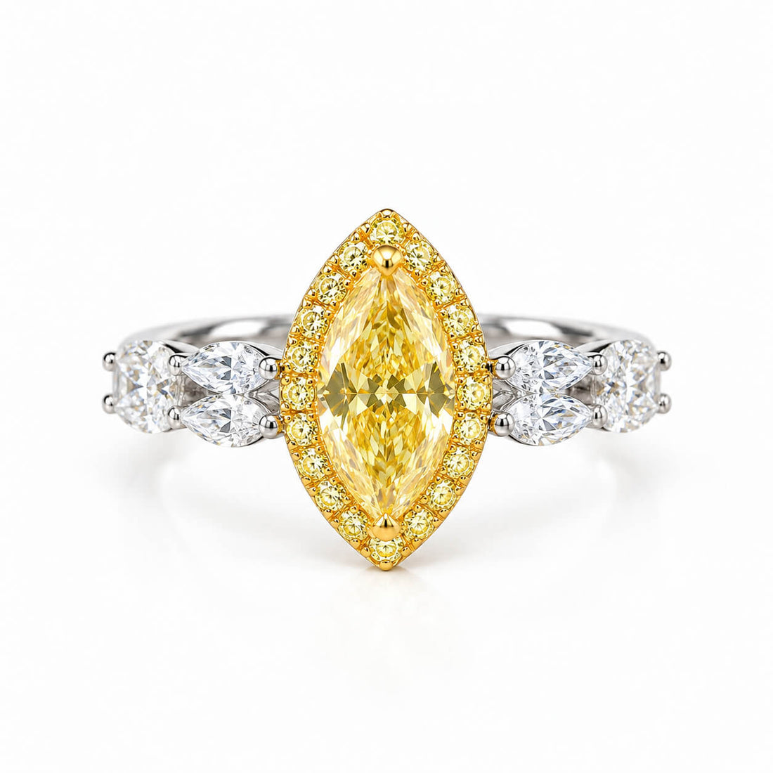 Halo setting marquise cut lab grown yellow diamond engagement ring
