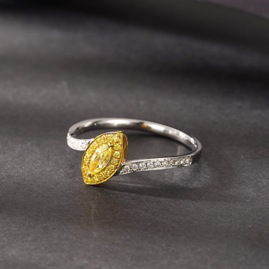 Halo setting marquise cut lab grown yellow diamond engagement ring