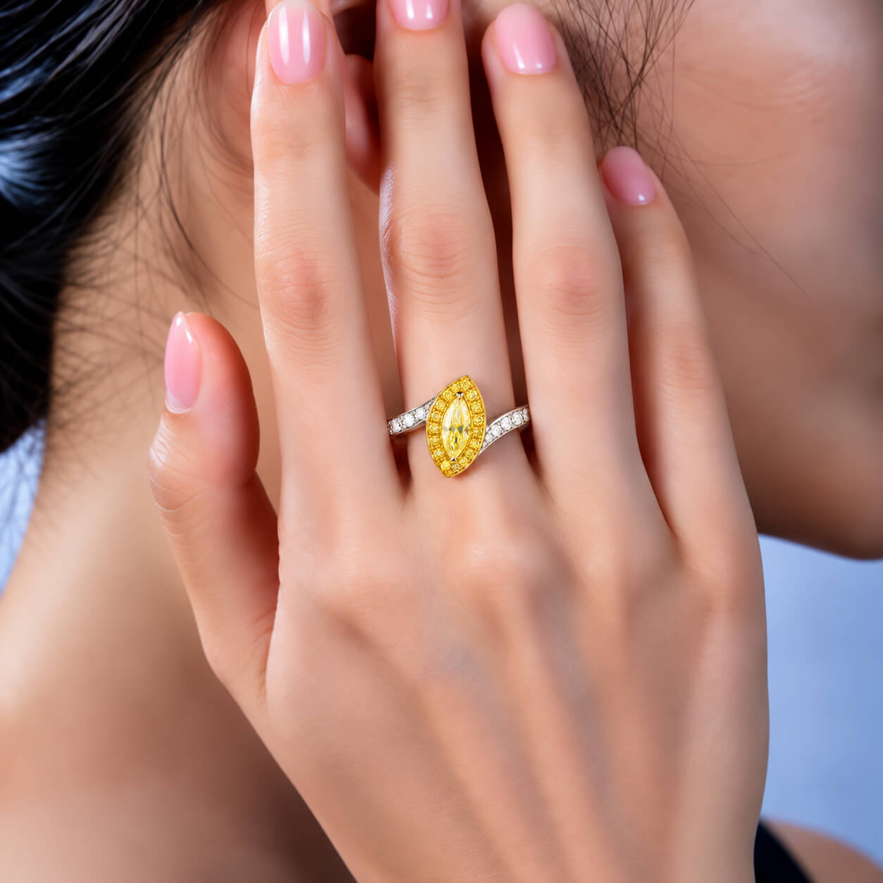 Halo setting marquise cut lab grown yellow diamond engagement ring