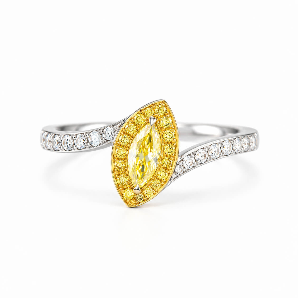 Halo setting marquise cut lab grown yellow diamond engagement ring