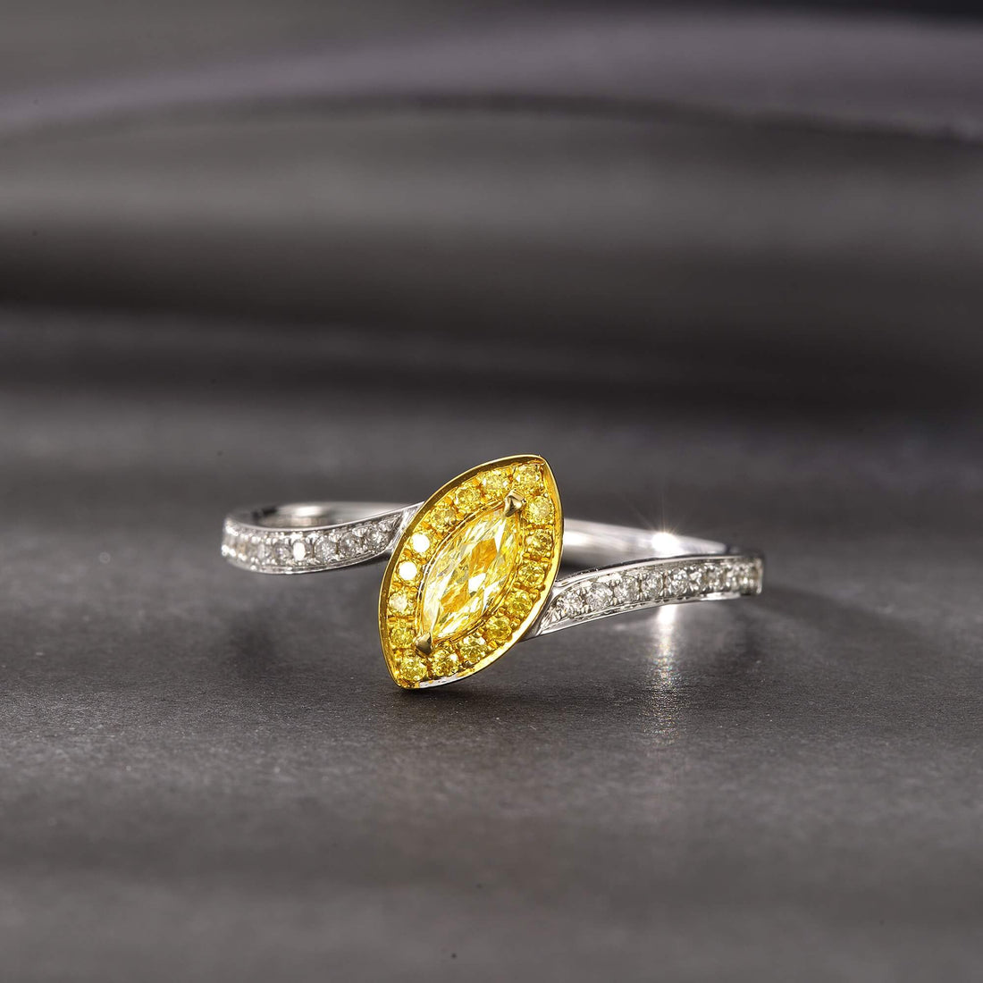 Halo setting marquise cut lab grown yellow diamond engagement ring