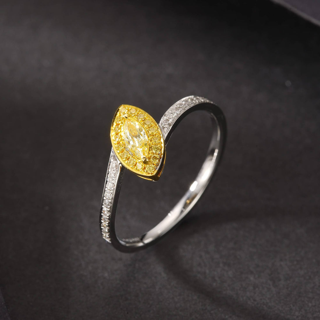 Halo setting marquise cut lab grown yellow diamond engagement ring
