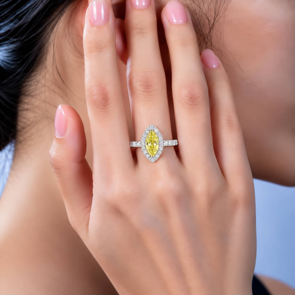 Halo setting marquise cut lab grown yellow diamond engagement ring