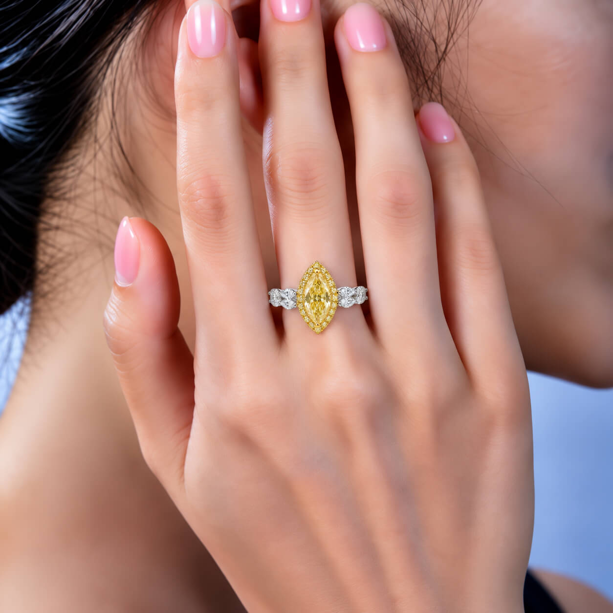 Halo setting marquise cut lab grown yellow diamond engagement ring