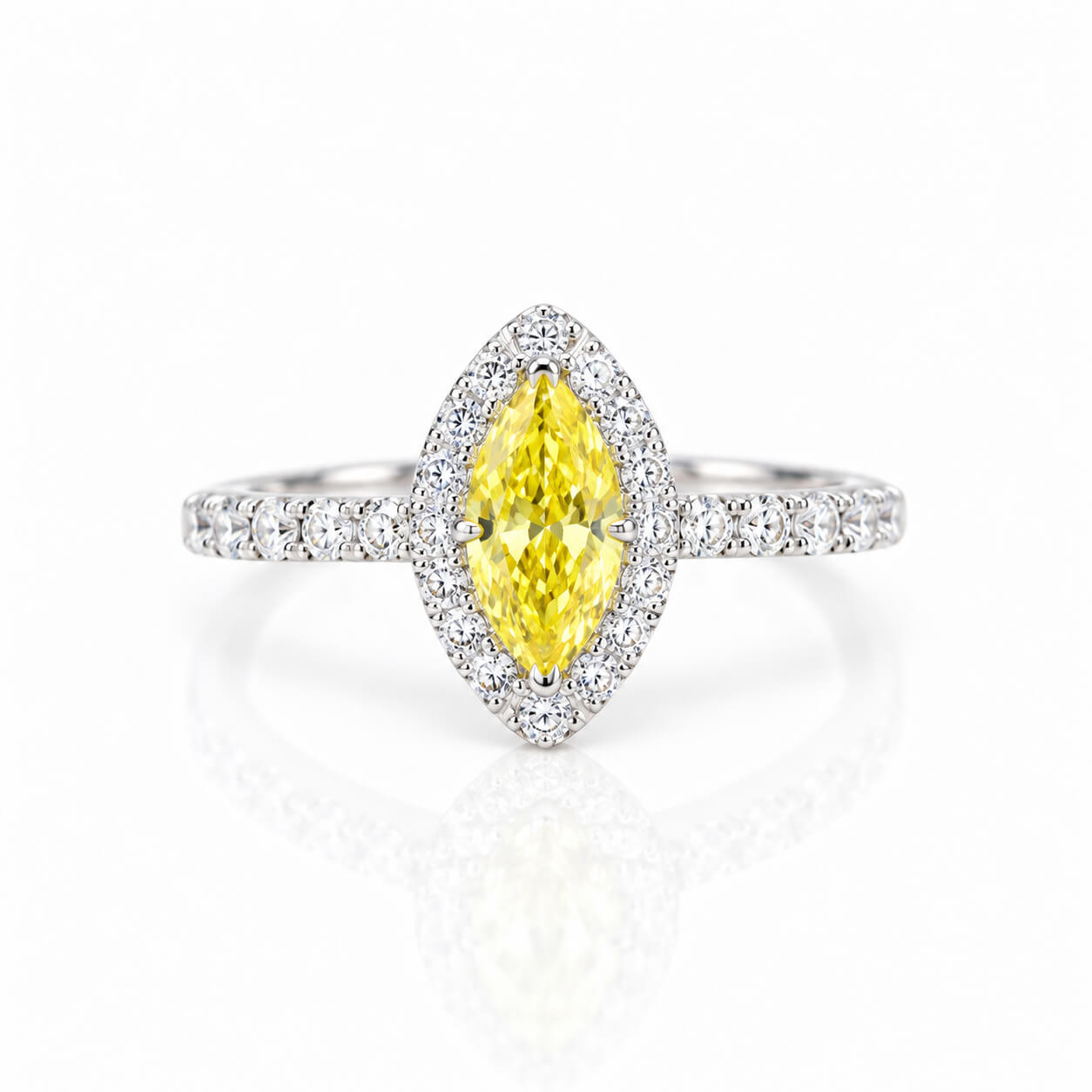 Halo setting marquise cut lab grown yellow diamond engagement ring