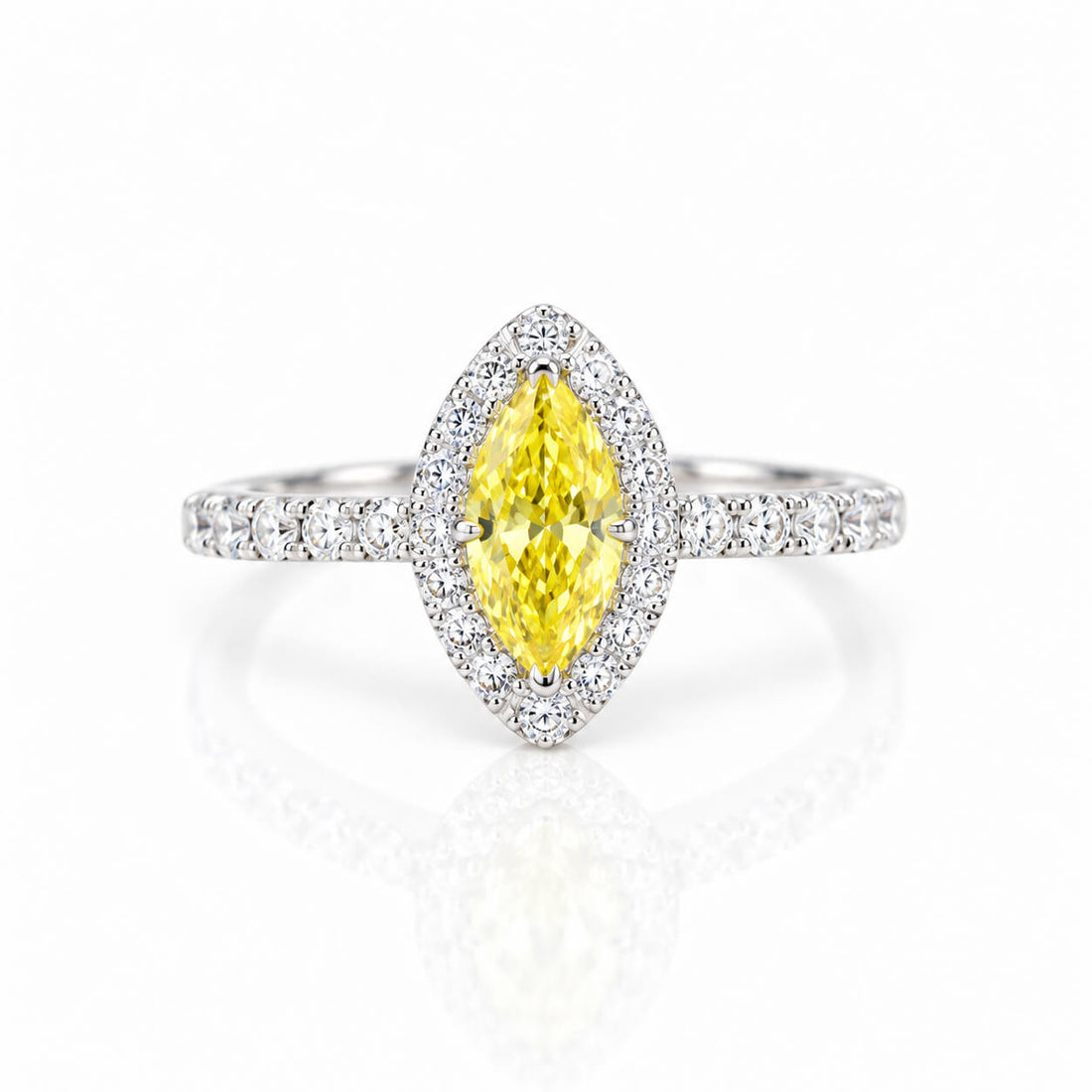 Halo setting marquise cut lab grown yellow diamond engagement ring