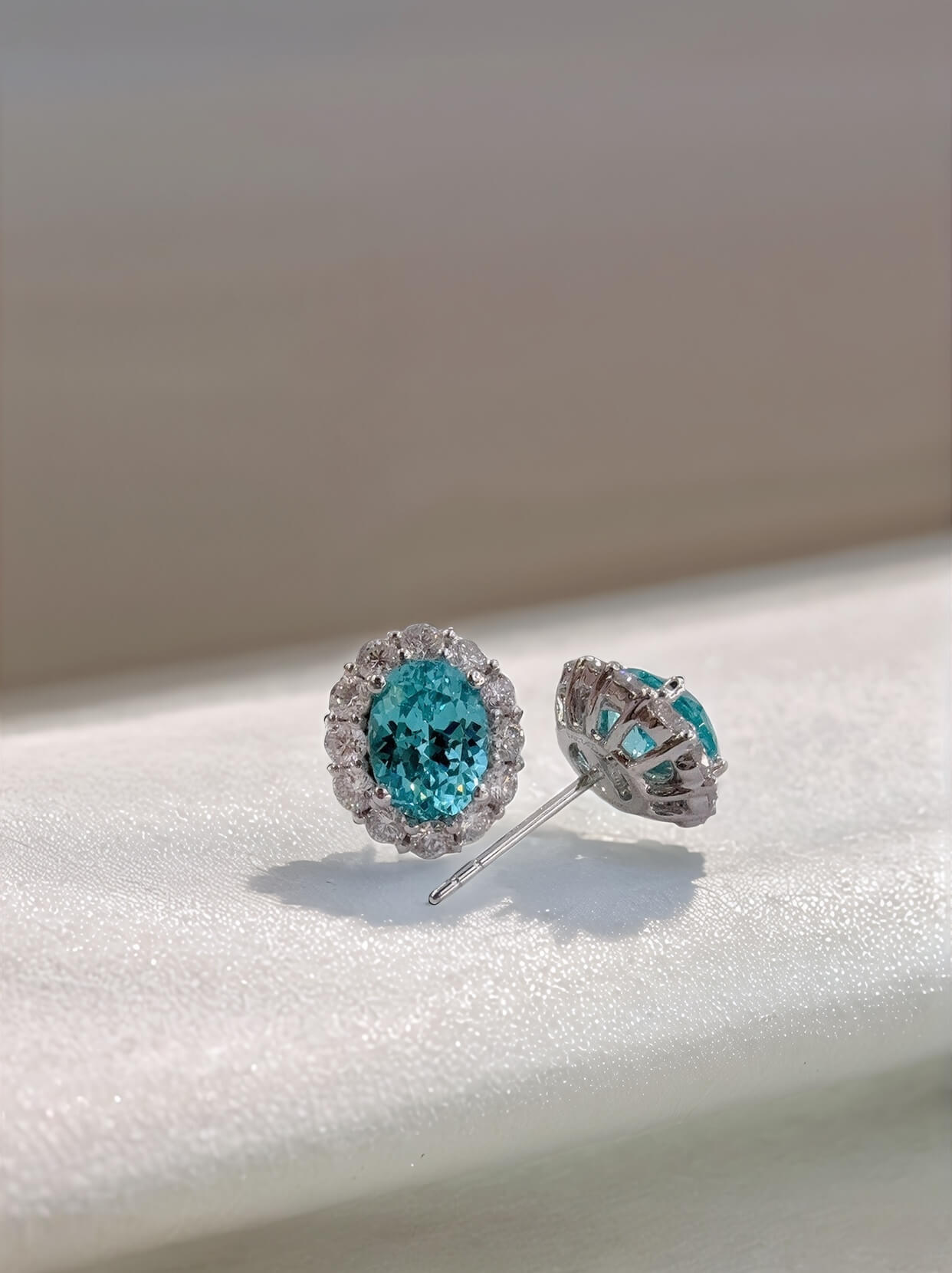 Halo setting oval cut lab grown Paraiba earrings stud