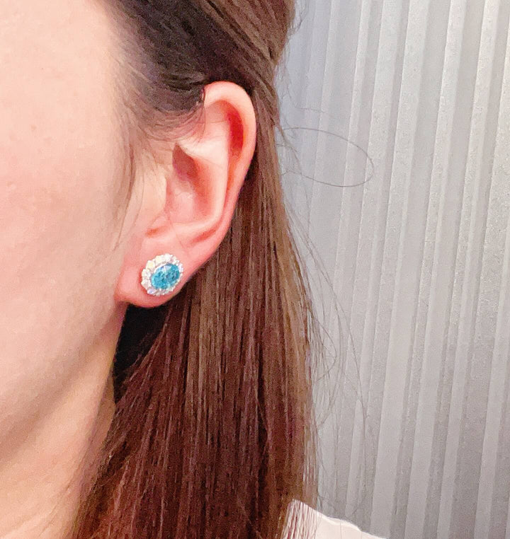 Halo setting oval cut lab grown Paraiba earrings stud