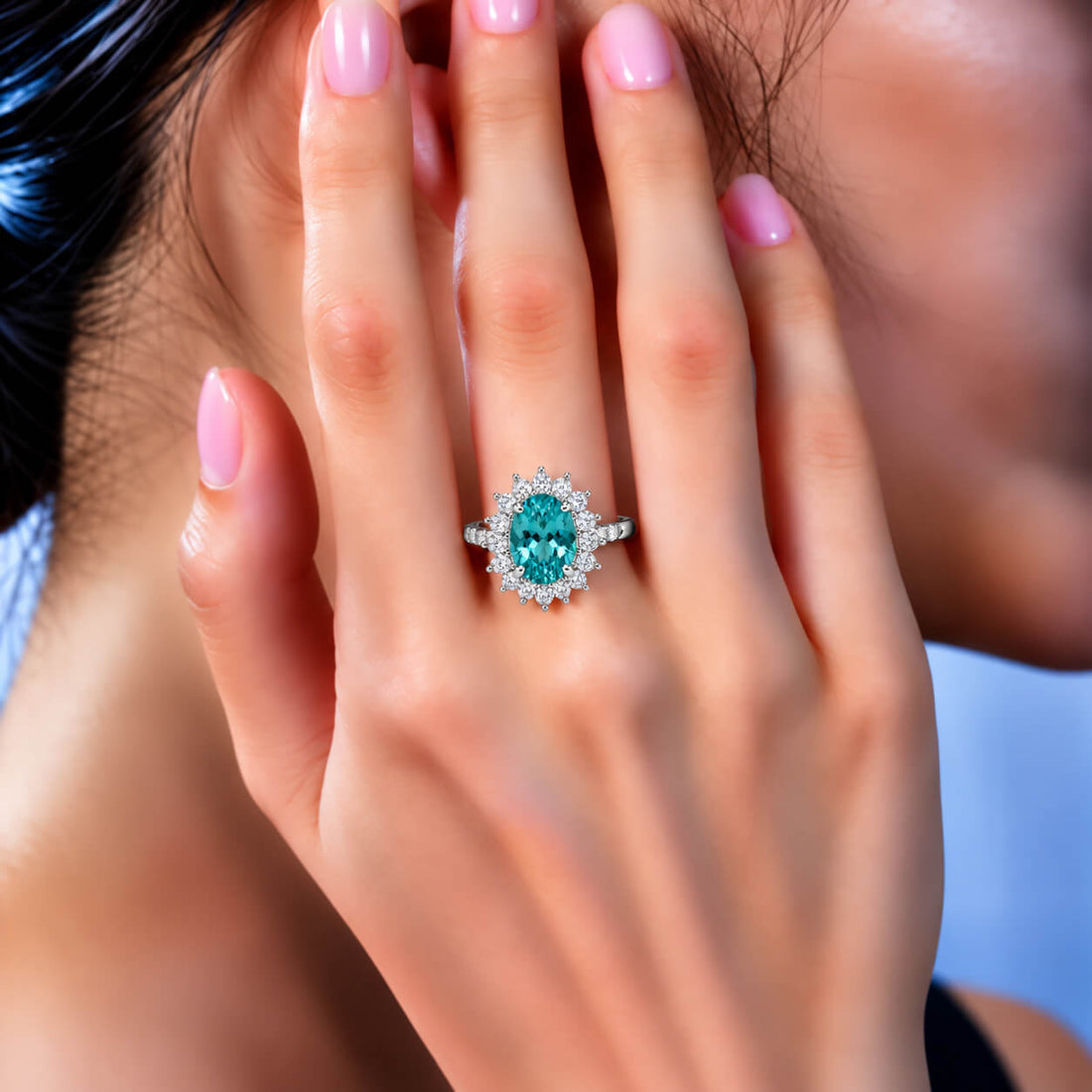 Halo setting oval cut  lab grown Paraiba engagement ring