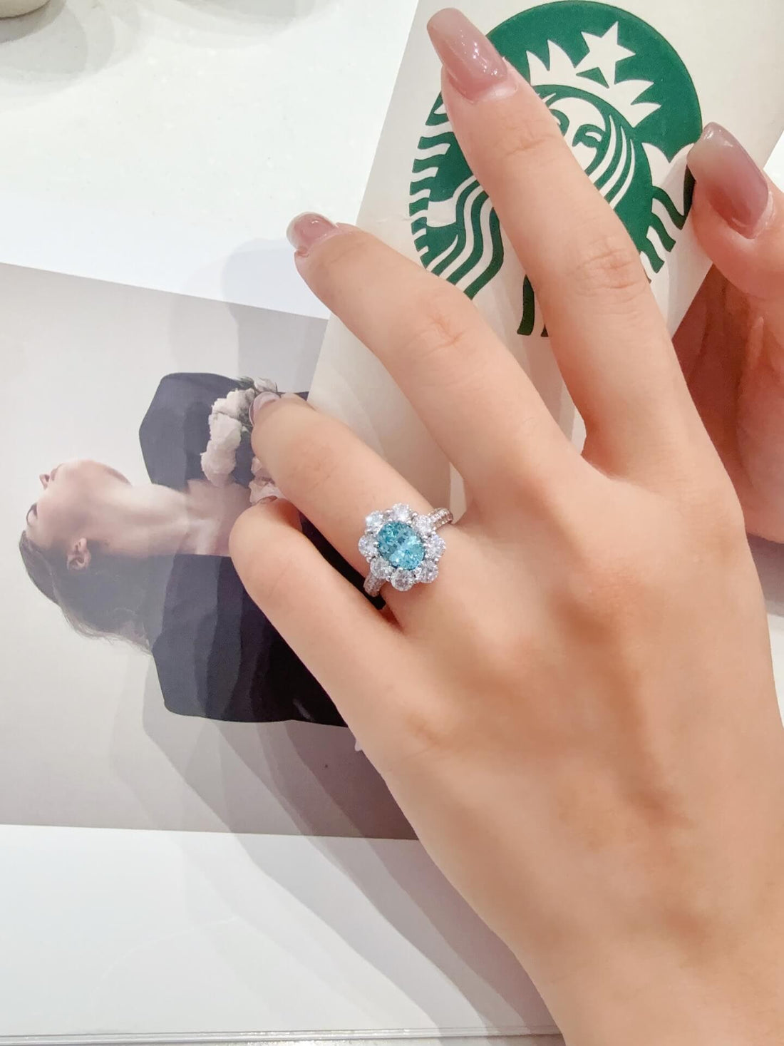 Halo setting oval cut  lab grown Paraiba engagement ring
