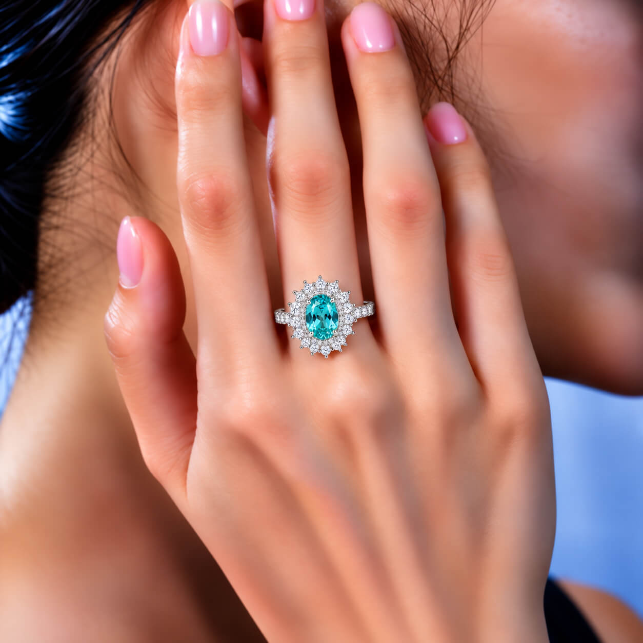 Halo setting oval cut  lab grown Paraiba engagement ring