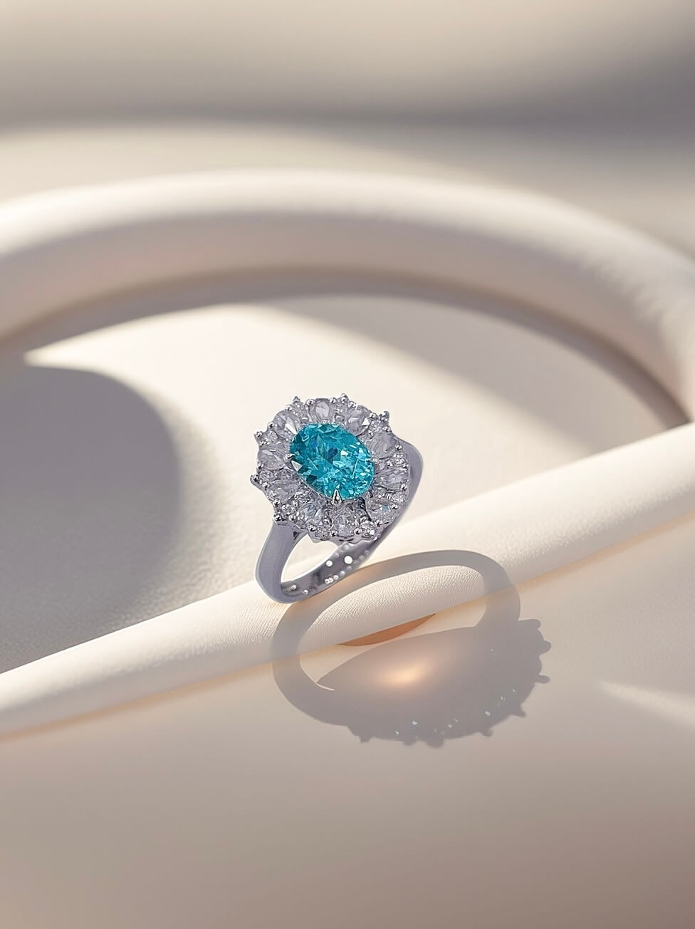 Halo setting oval cut  lab grown Paraiba engagement ring