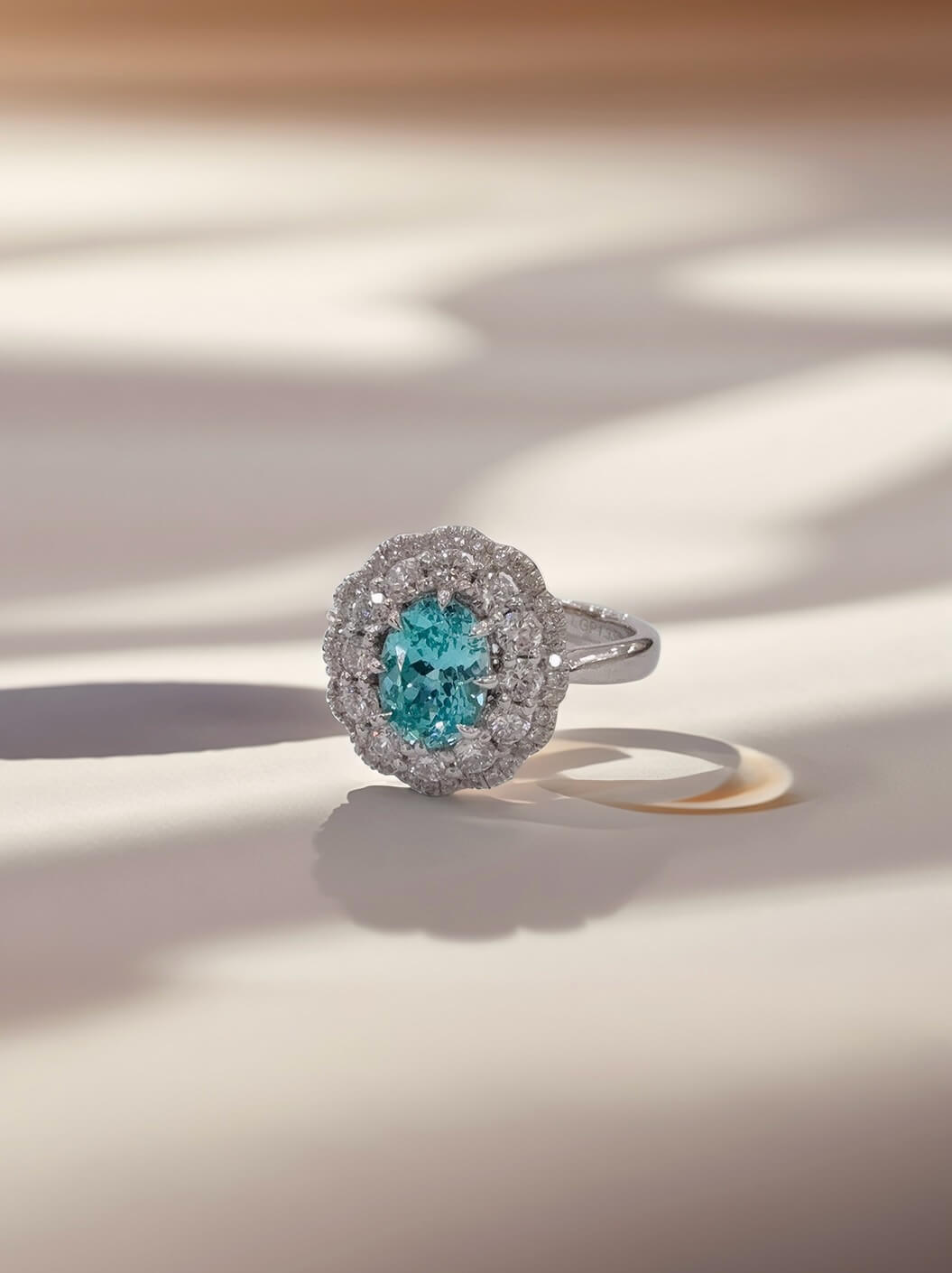 Halo setting oval cut  lab grown Paraiba engagement ring