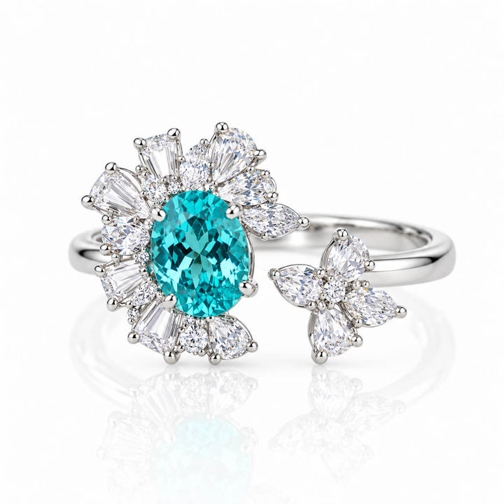 Halo setting oval cut  lab grown Paraiba engagement ring