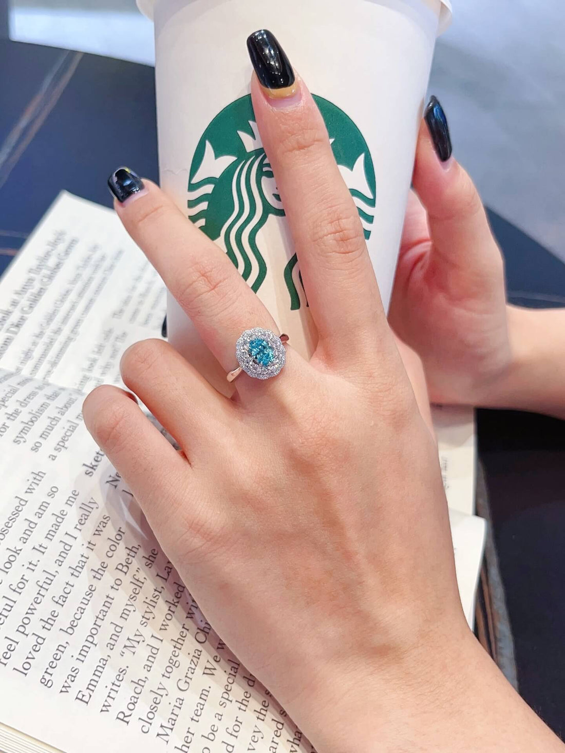 Halo setting oval cut  lab grown Paraiba engagement ring