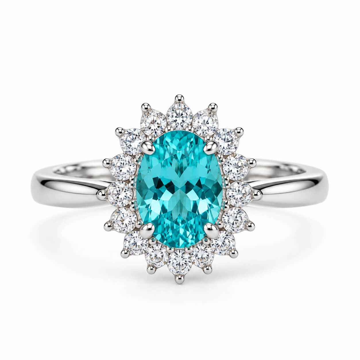 Halo setting oval cut  lab grown Paraiba engagement ring