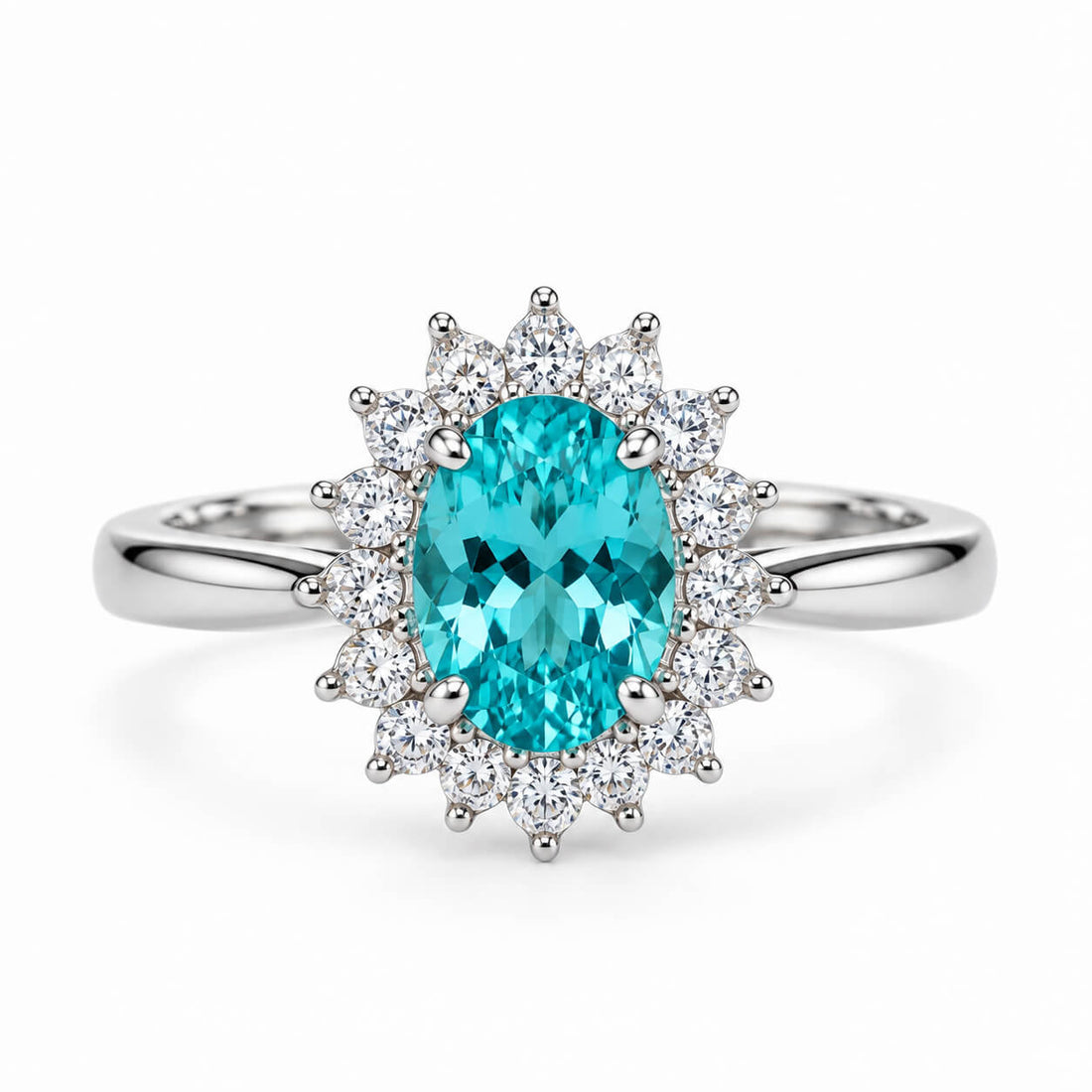 Halo setting oval cut  lab grown Paraiba engagement ring