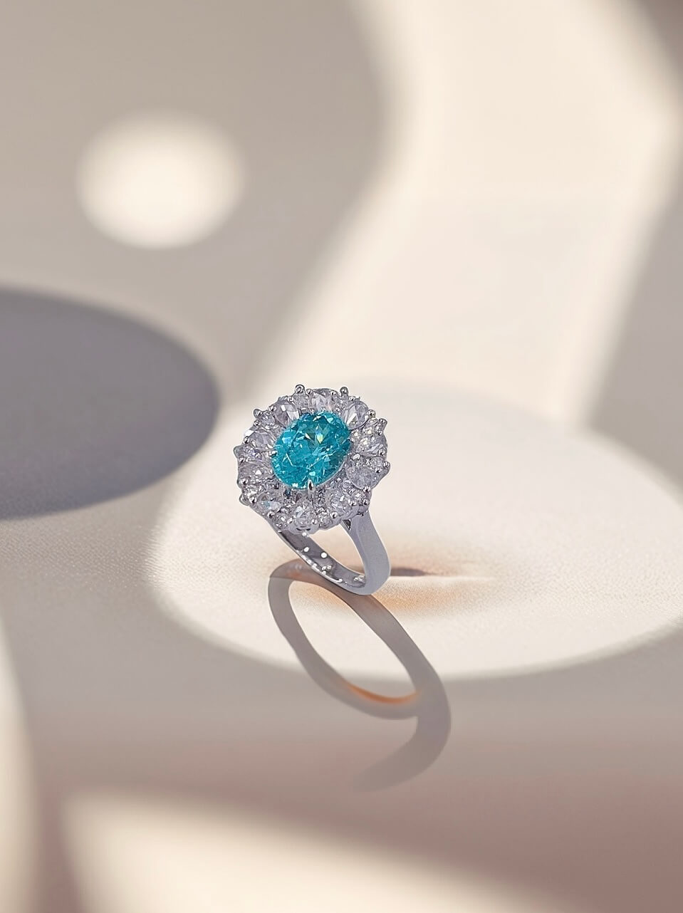 Halo setting oval cut  lab grown Paraiba engagement ring