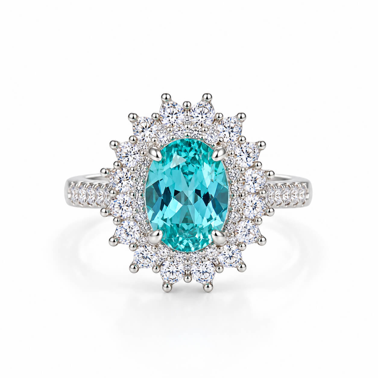 Halo setting oval cut  lab grown Paraiba engagement ring