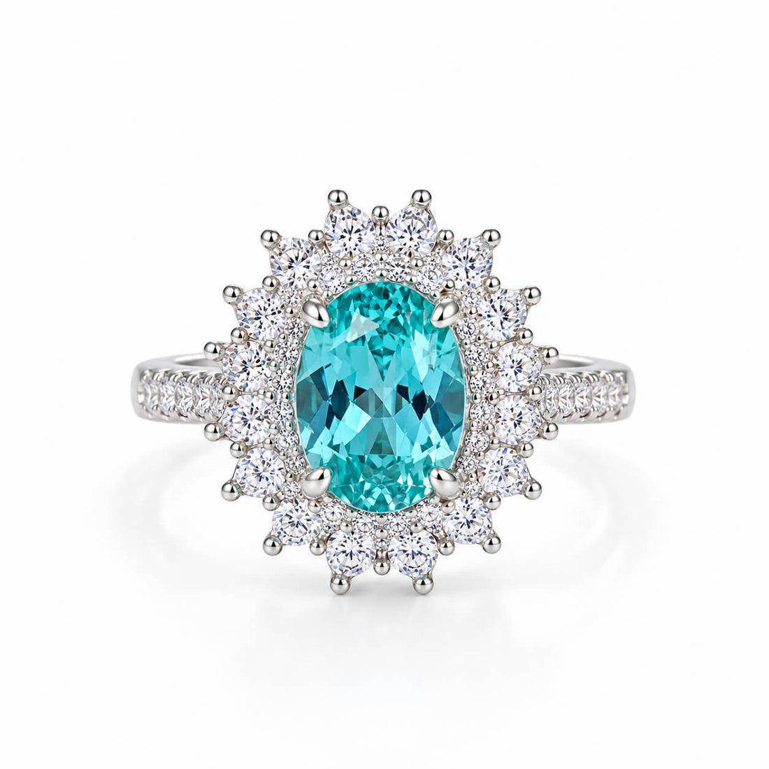 Halo setting oval cut  lab grown Paraiba engagement ring