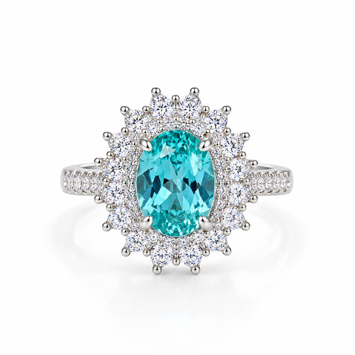 Halo setting oval cut  lab grown Paraiba engagement ring