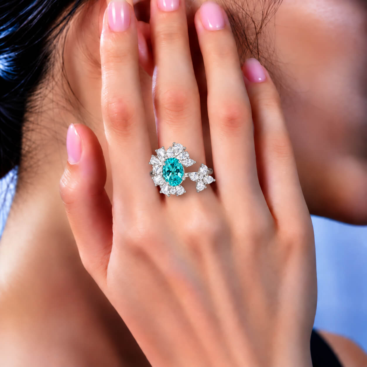 Halo setting oval cut  lab grown Paraiba engagement ring