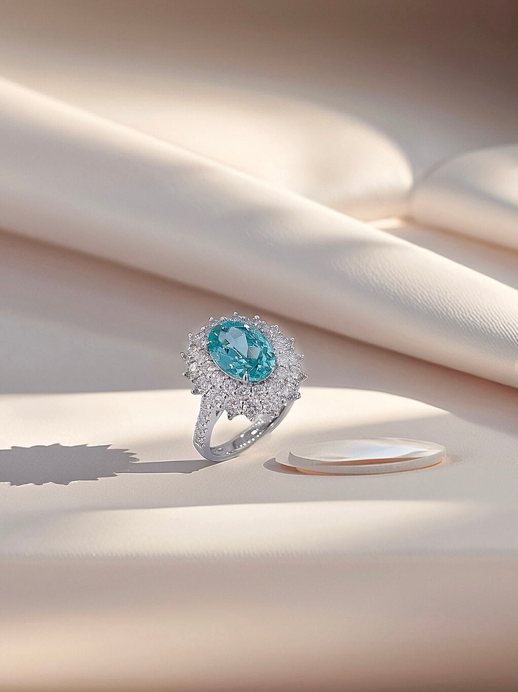 Halo setting oval cut  lab grown Paraiba engagement ring