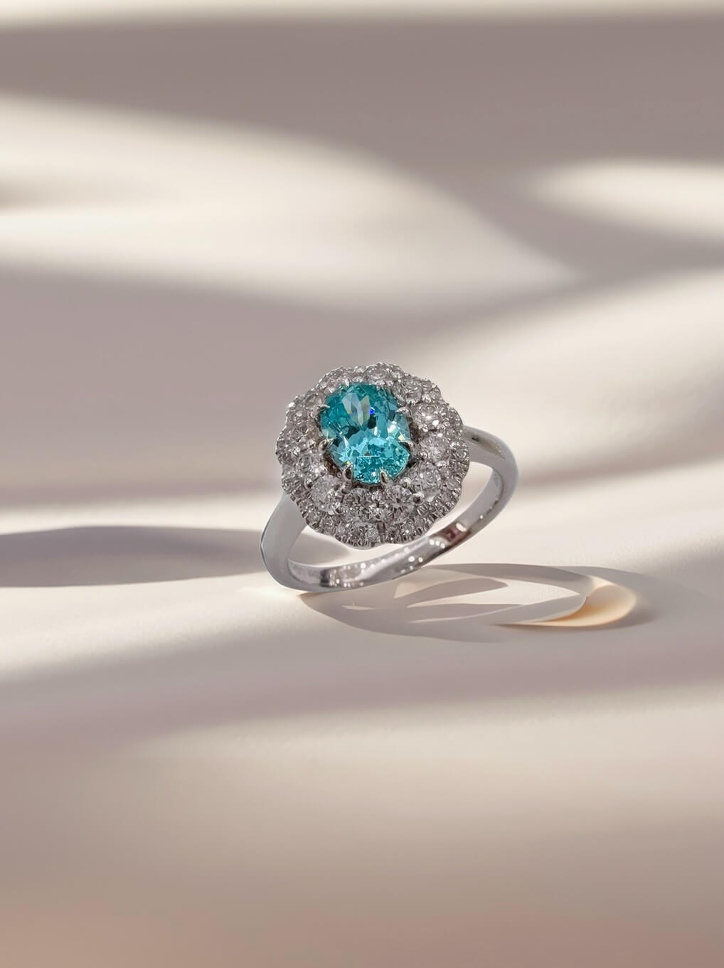 Halo setting oval cut  lab grown Paraiba engagement ring