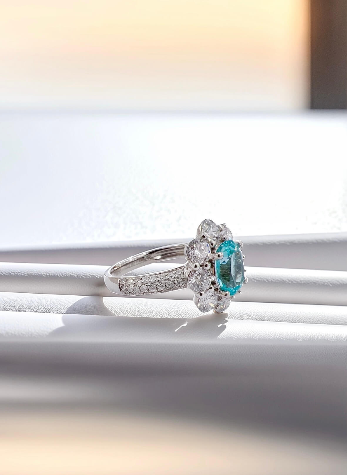 Halo setting oval cut  lab grown Paraiba engagement ring