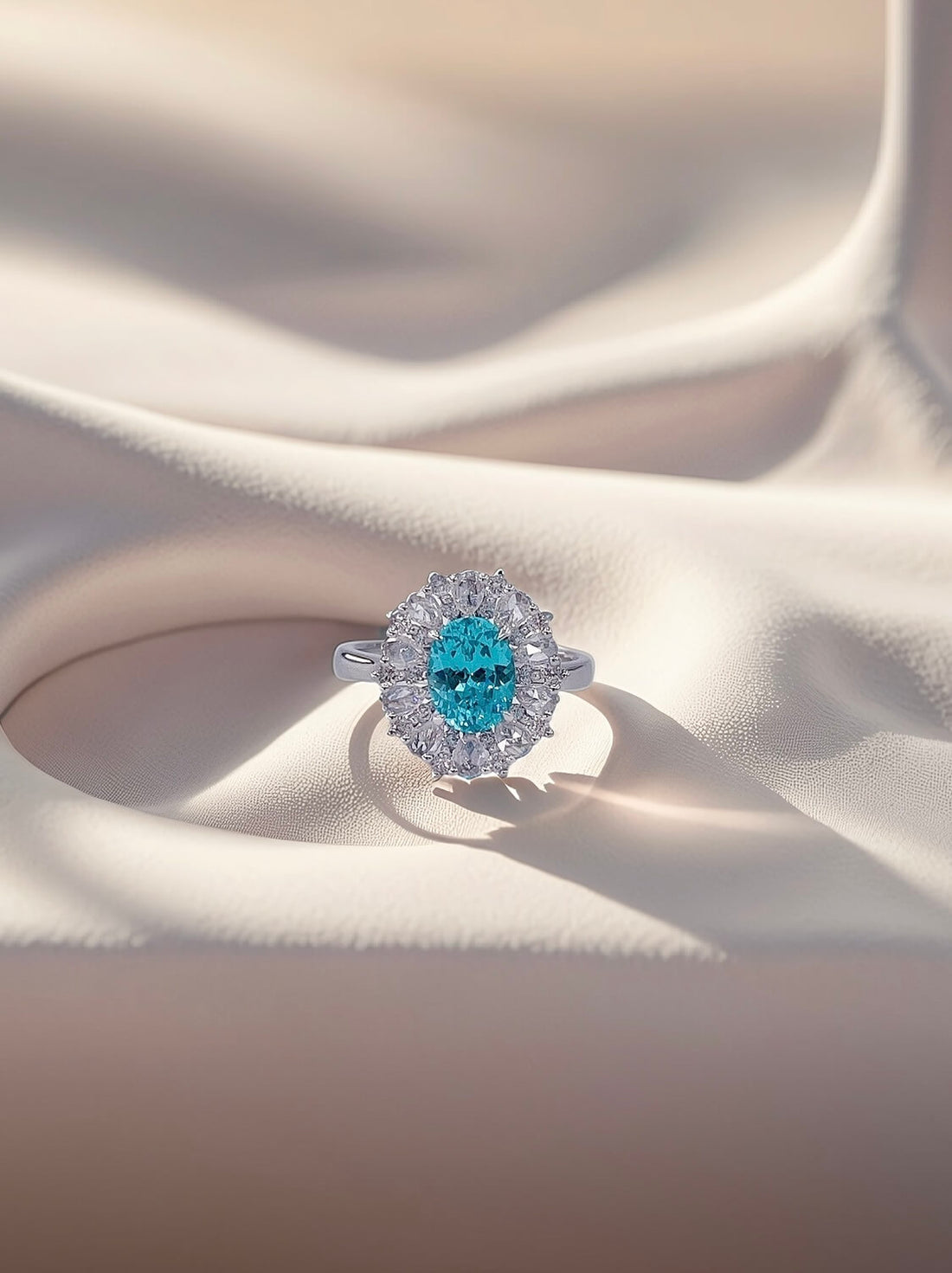 Halo setting oval cut  lab grown Paraiba engagement ring