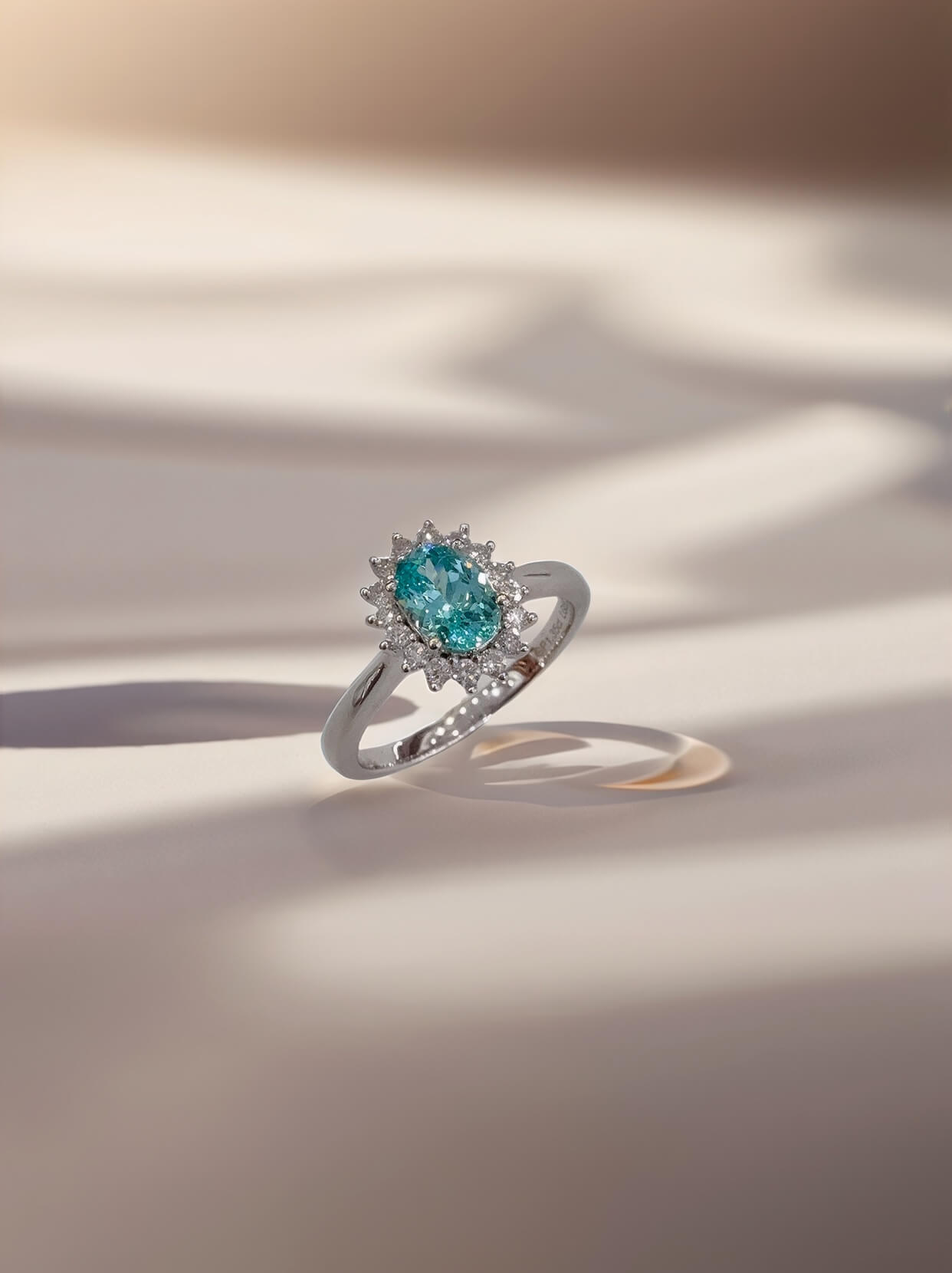 Halo setting oval cut  lab grown Paraiba engagement ring