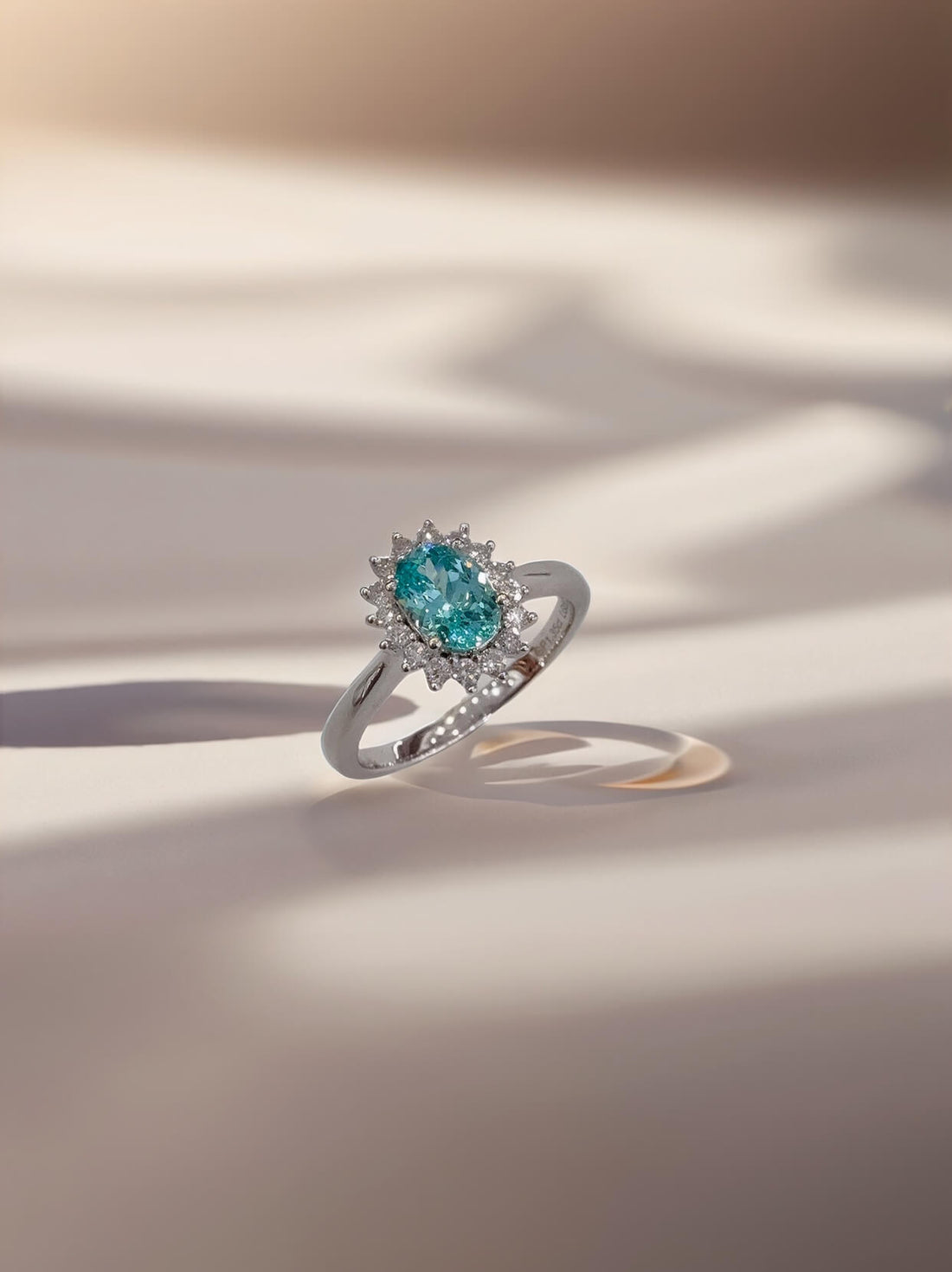 Halo setting oval cut  lab grown Paraiba engagement ring