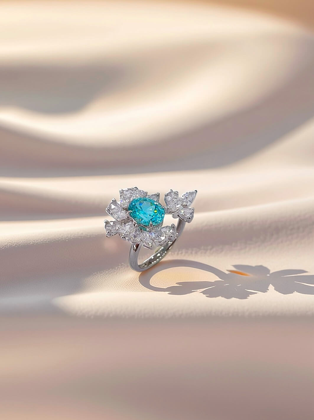 Halo setting oval cut  lab grown Paraiba engagement ring