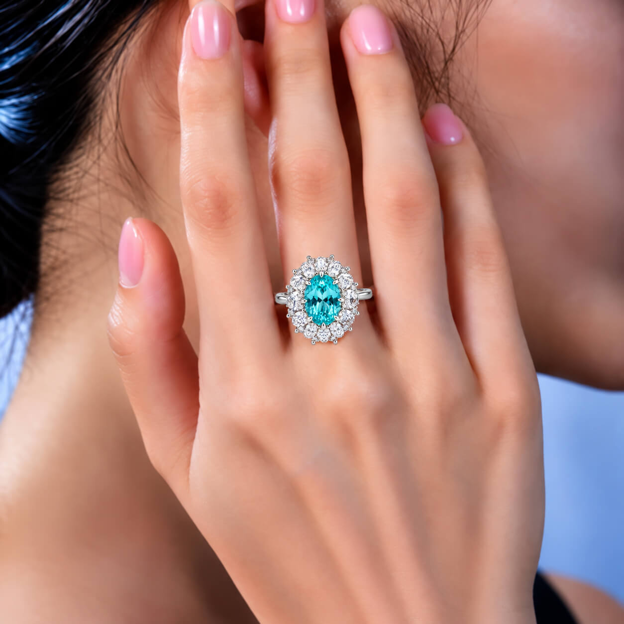 Halo setting oval cut  lab grown Paraiba engagement ring