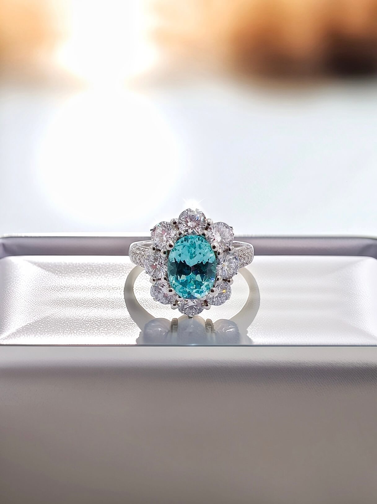 Halo setting oval cut  lab grown Paraiba engagement ring