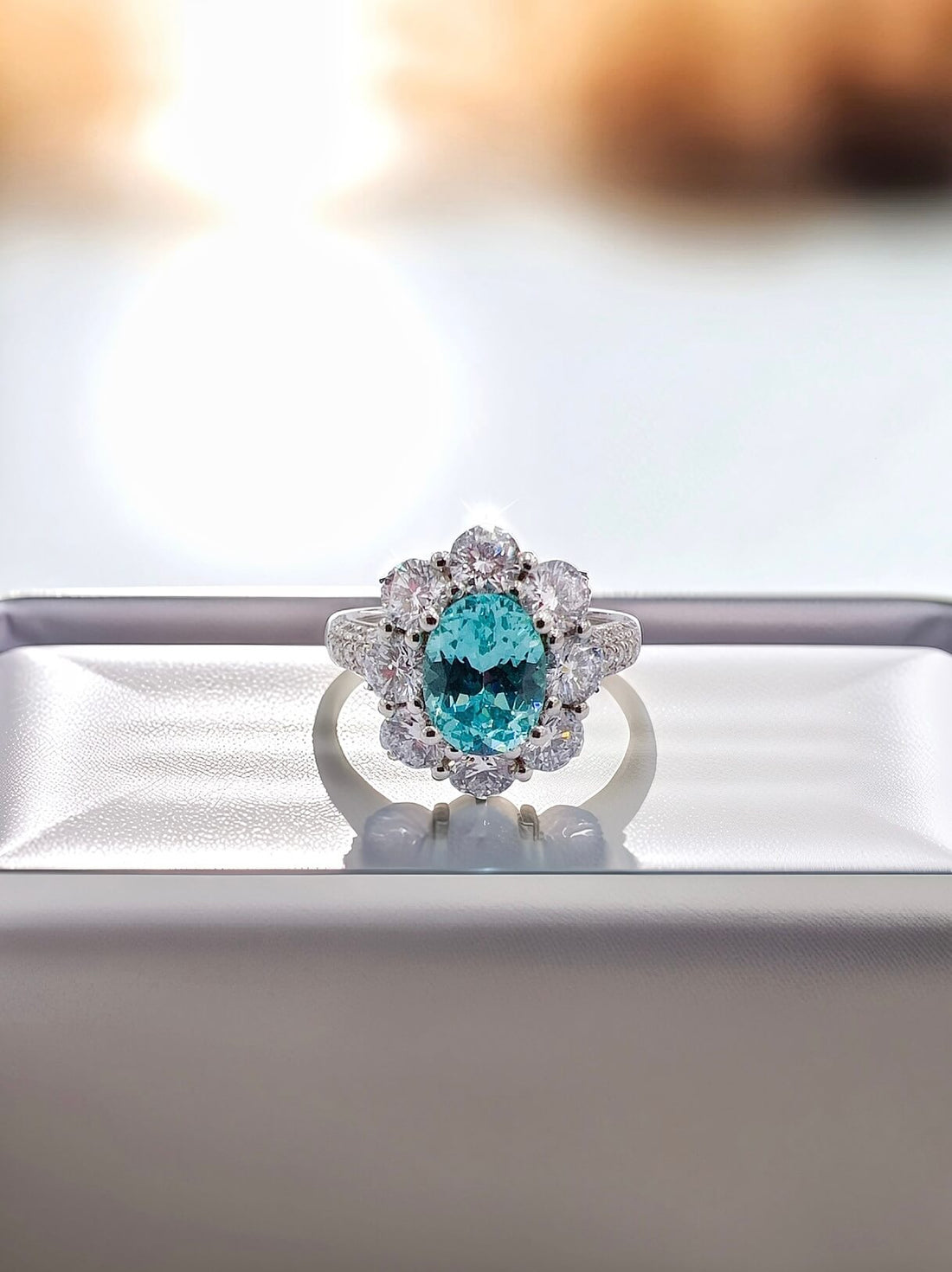 Halo setting oval cut  lab grown Paraiba engagement ring