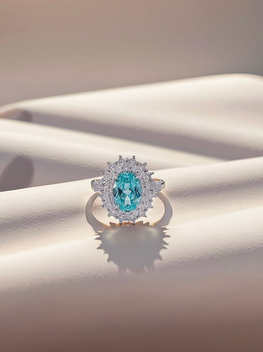 Halo setting oval cut  lab grown Paraiba engagement ring