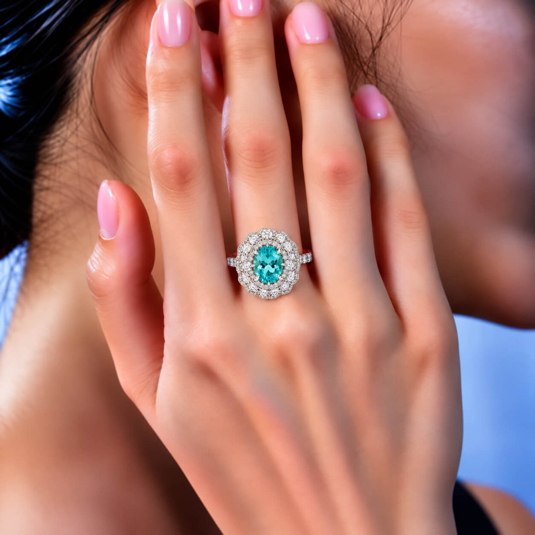 Halo setting oval cut  lab grown Paraiba engagement ring