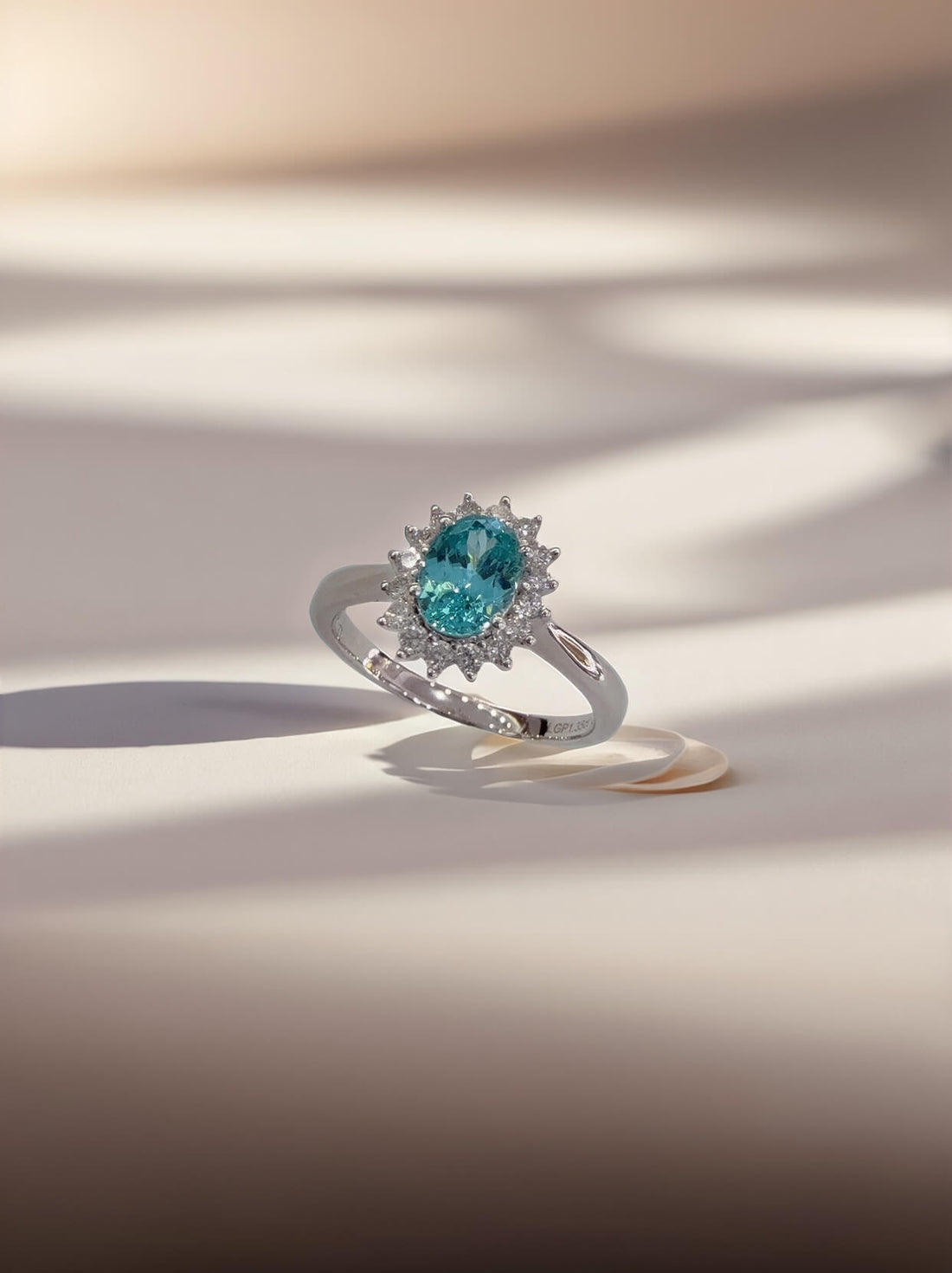 Halo setting oval cut  lab grown Paraiba engagement ring